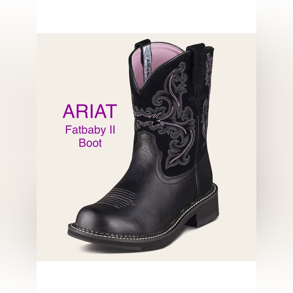 Women's Ariat Fatbaby II Black Western Boots with Purple Embroidery Size: 7